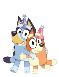 two cartoon dogs wearing party hats